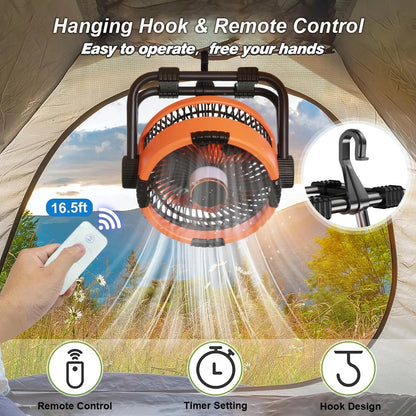 Camping Fan 20000mAh Rechargeable Outdoor Camping Circulator Fan Wireless Camping Ceiling Fan with LED Light and Remote Control