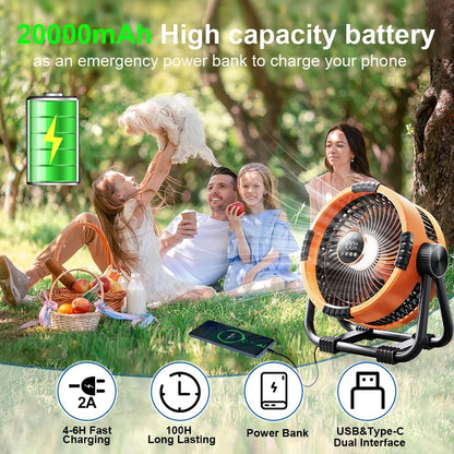 Camping Fan 20000mAh Rechargeable Outdoor Camping Circulator Fan Wireless Camping Ceiling Fan with LED Light and Remote Control