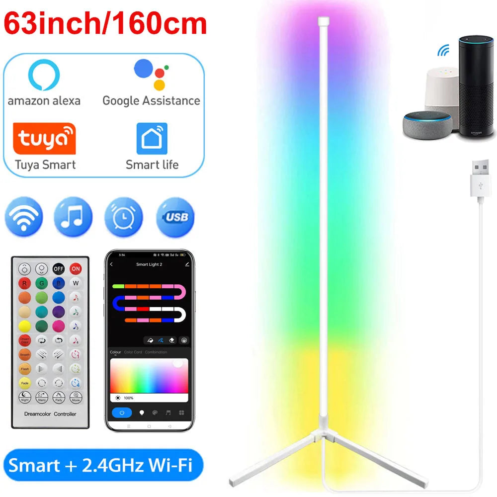 160cm Smart Tuya Corner Floor Lamp Dimmable RGB LED Modern Mood Lighting Alexa Stand Lights for Bedroom Gaming Living Room Decor