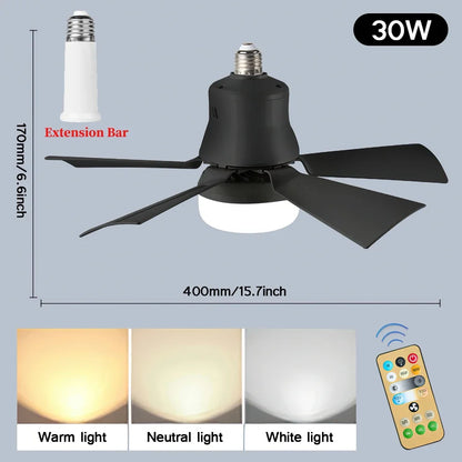 E27 Screw Head LED Fan Light Remote Control Three Color Dimming Detachable Fan Leaf for Kitchen Bedroom Smart Silent Use 85-265V