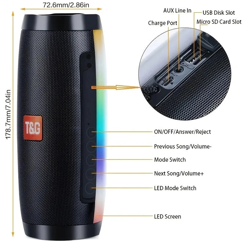 TG157 Portable Bluetooth Speaker LED Flashing Outdoor Waterproof Speaker Support TF Card USB Charge 1200mAh Subwoofer FM Radio