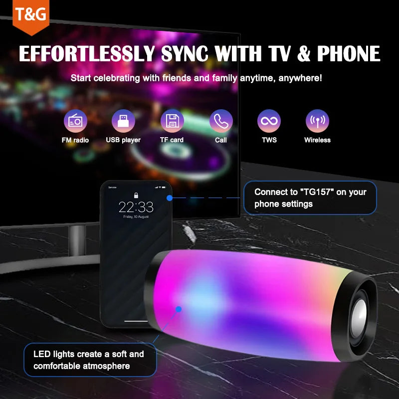 TG157 Portable Bluetooth Speaker LED Flashing Outdoor Waterproof Speaker Support TF Card USB Charge 1200mAh Subwoofer FM Radio