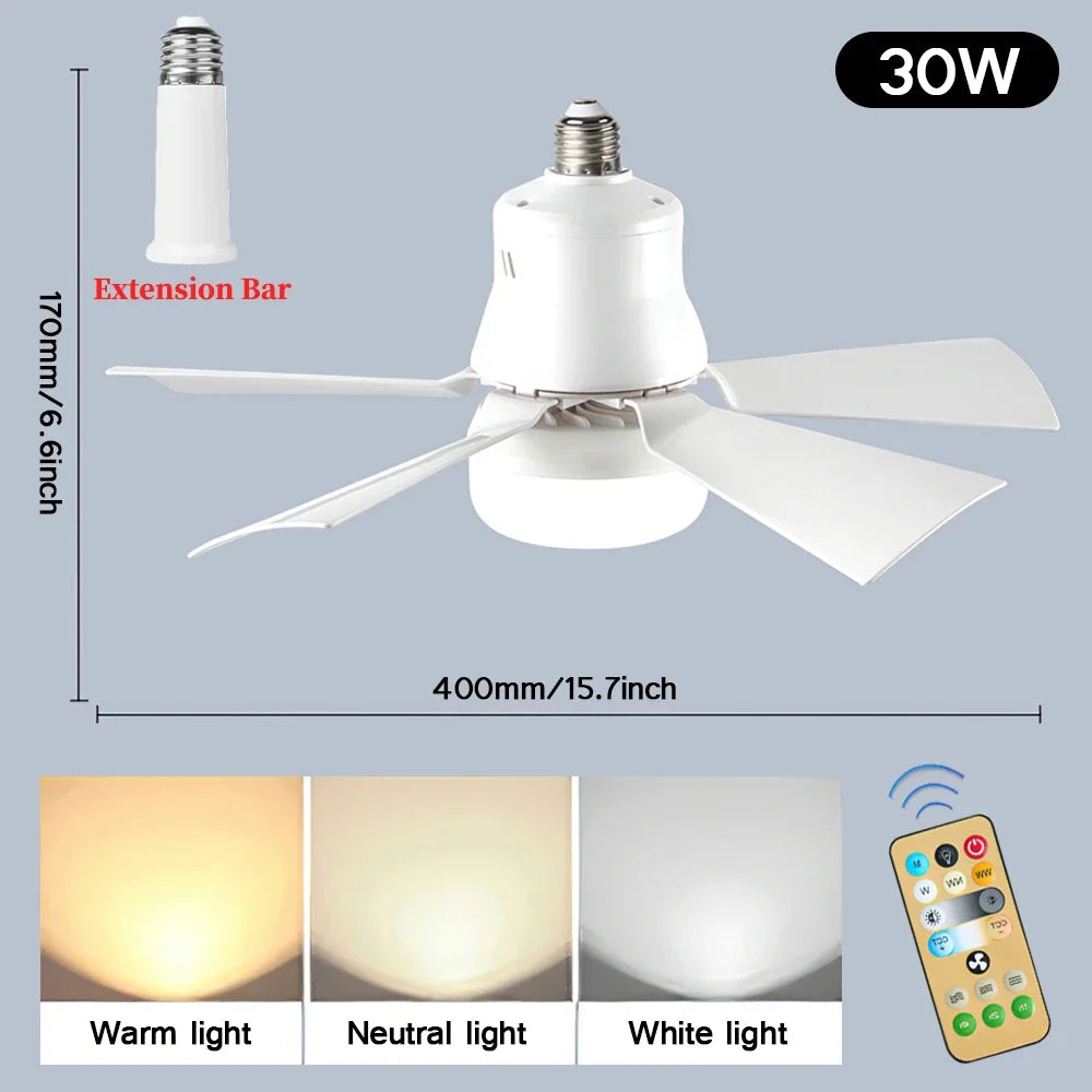 E27 Screw Head LED Fan Light Remote Control Three Color Dimming Detachable Fan Leaf for Kitchen Bedroom Smart Silent Use 85-265V